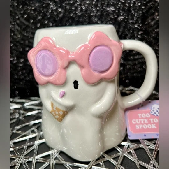 Halloween Ceramic Cold Brew Drinking Girlie Girl Ghost Mug Flower Sunglasses - Picture 4 of 10